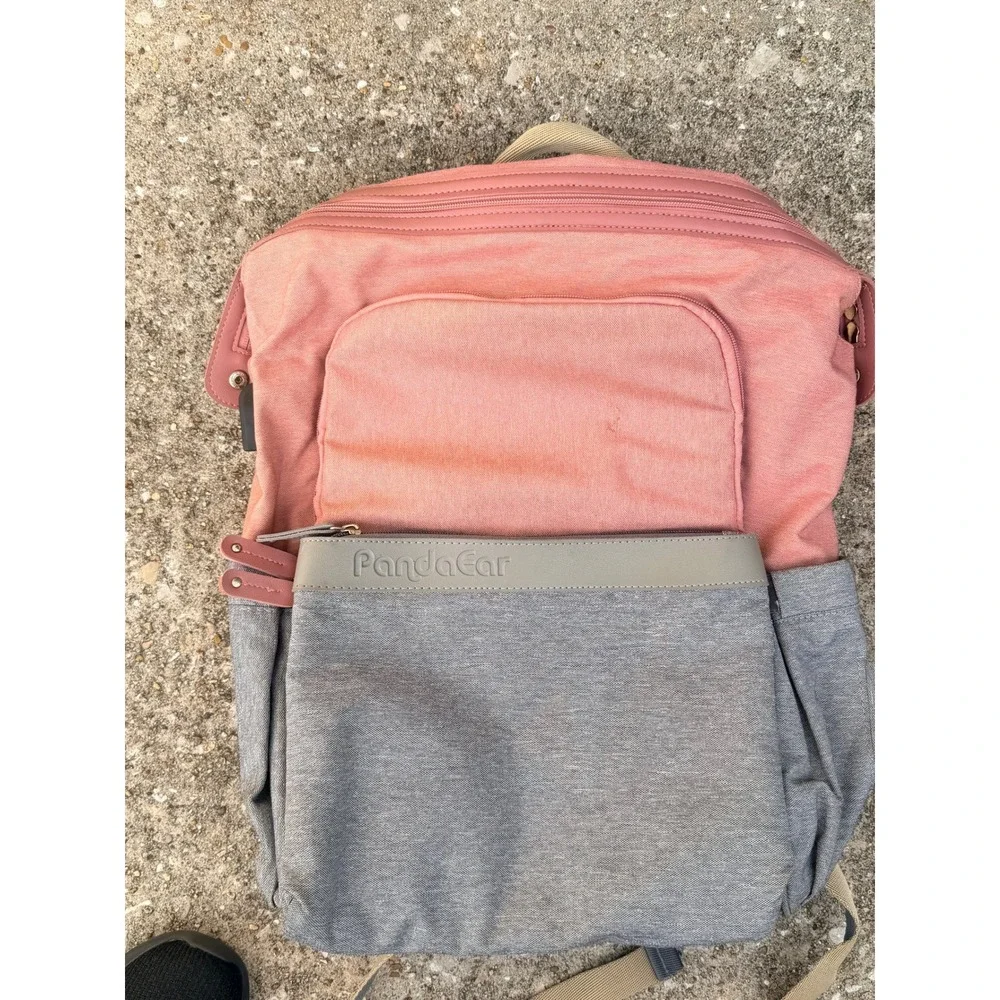 PandaEar Diaper Bag Backpack Pink Gray Canvas Multi Pocket Travel Kids Baby Bag